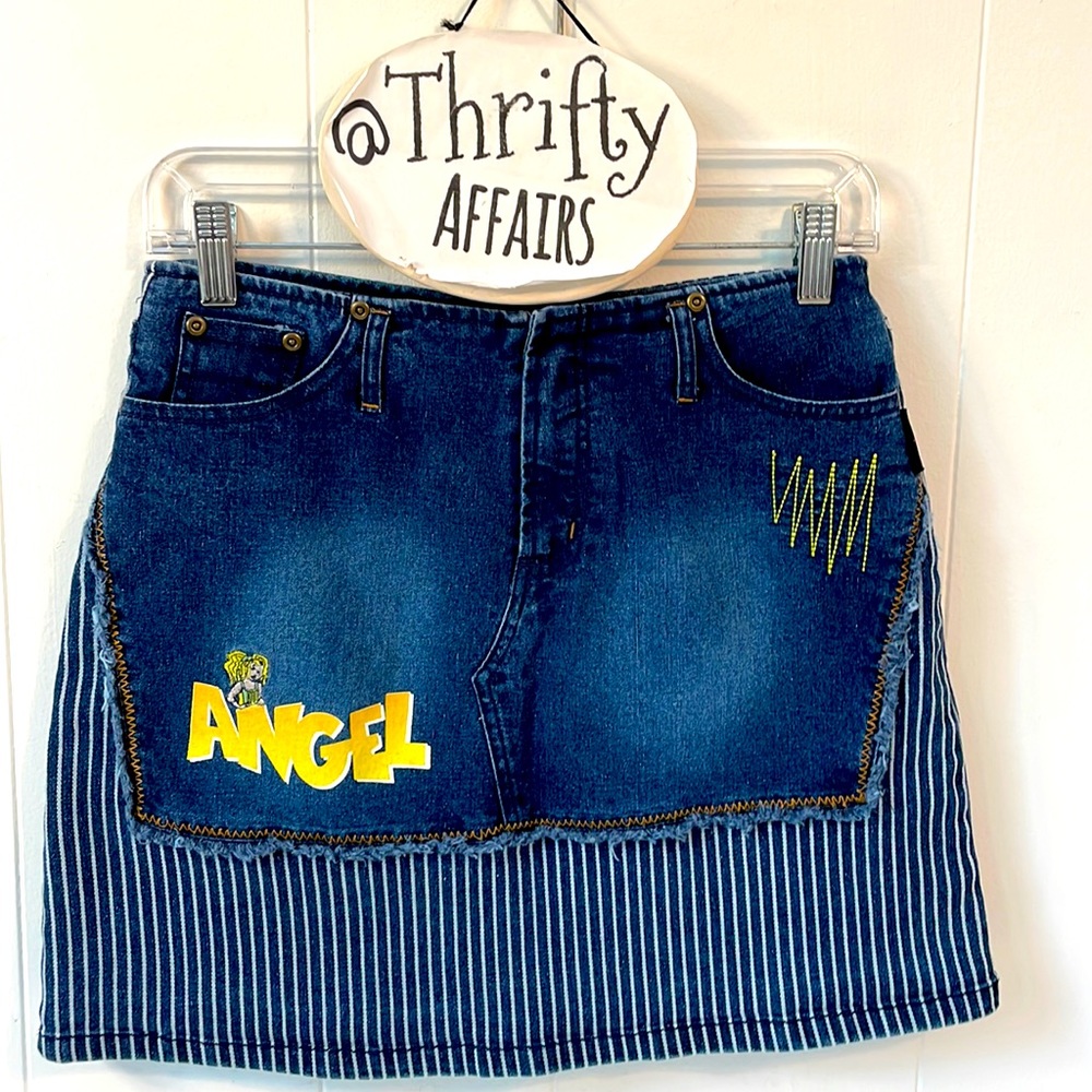 JOE BOXER Angel Mini Jean Skirt Girls Size 16 Pinstripe Raw Edge Denim 29W/15.5L